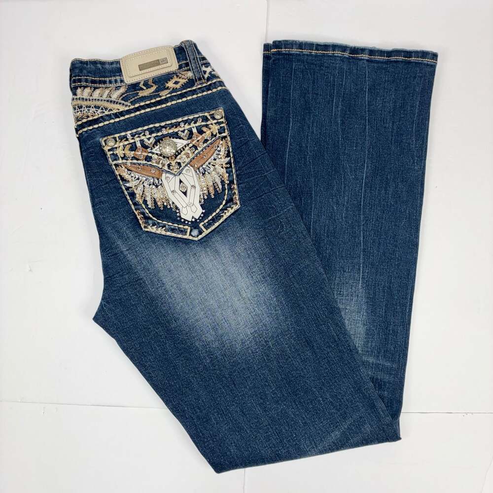 Sexy Couture Women Bootcut Jeans with Rhinestone Embroidery Pockets Size 11